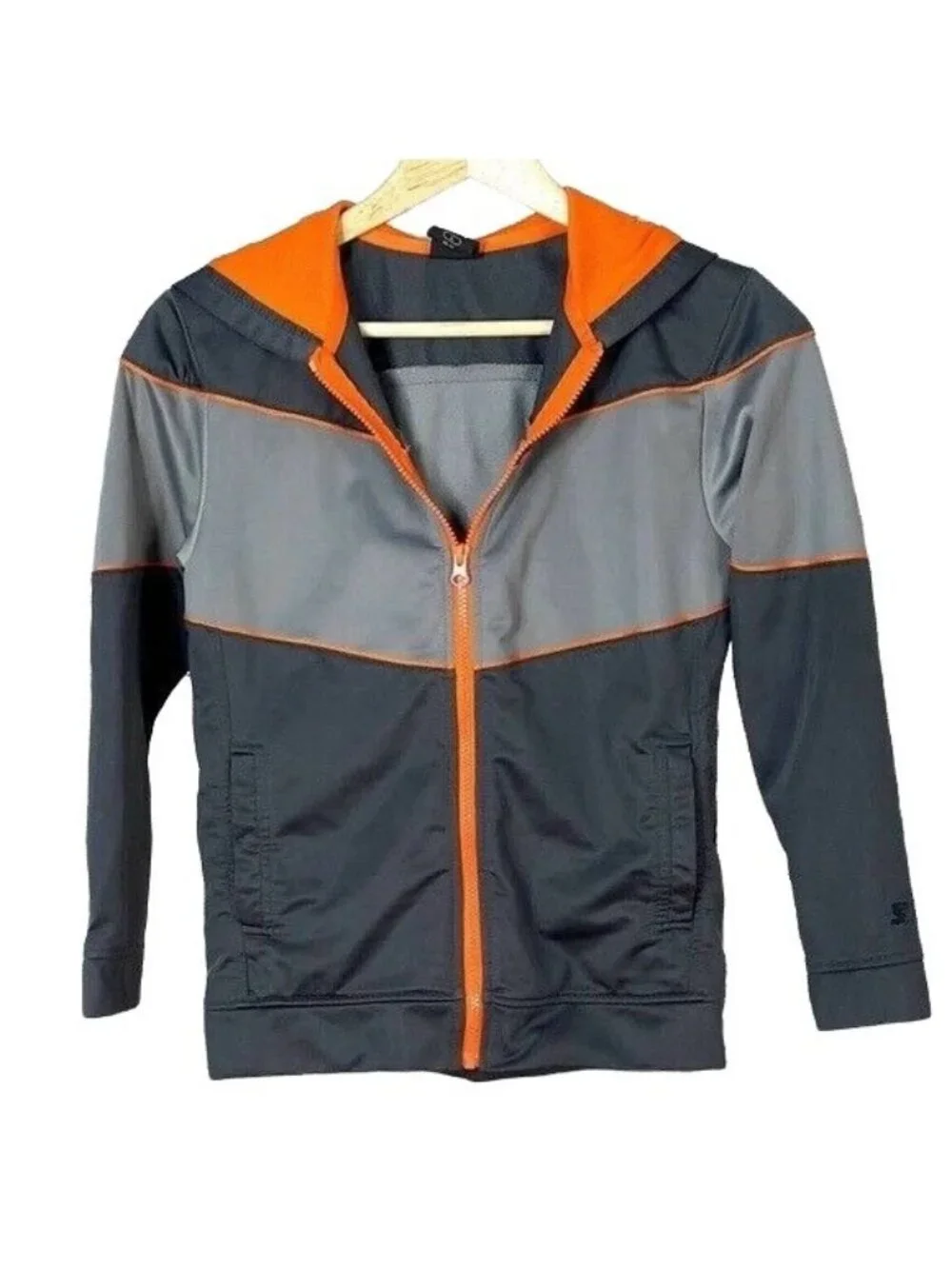 Starter Boys Full Zip Jacket Gray Size 10 Large Orange Color Block Pockets Hood